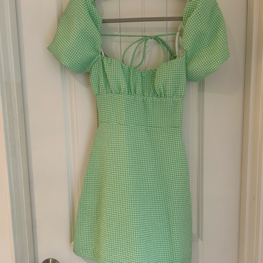 Zara Green Gingham Puff Sleeve Dress size s